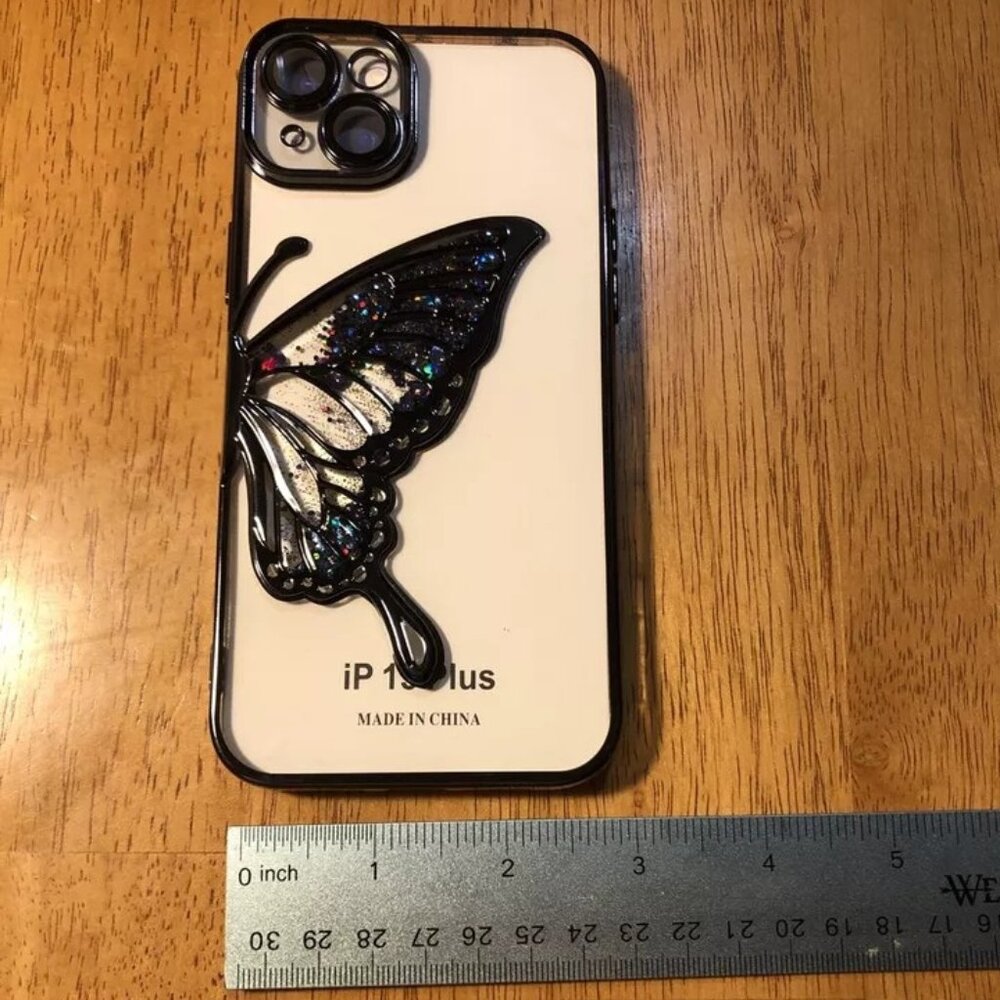 Plating Quicksand Butterfly Clear Phone Case For iPhone 15 Plus Soft New Black - Picture 8 of 10
